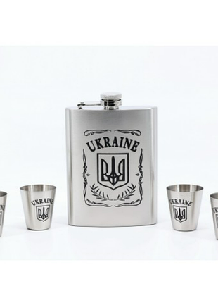 Набір подарунковий україна: фляга 8 oz/ 4 чарки /лійка нержавіюча сталь