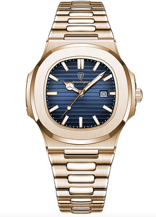 Елегантний чоловічий годинник poedagar nautilus gold із синім циферблатом