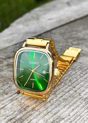 Часы casio quartz gold/green - стильные мужские часы в золотом корпусе с зеленым циферблатом