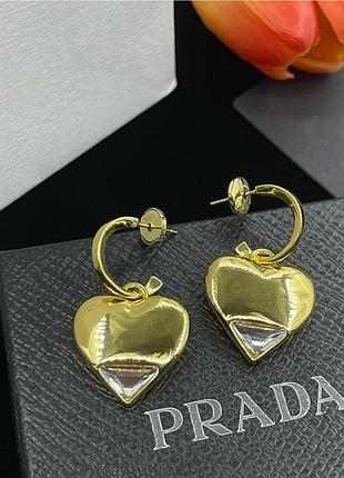 Сережки прада heart crystal gold люкс якість