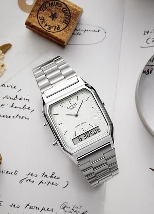 Casio aq-230 — серебристые мужские часы с белым циферблатом в ретро-стиле
