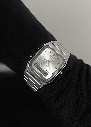 Casio aq-230 – мужские аналогово-цифровые часы, серый циферблат, металлический браслет