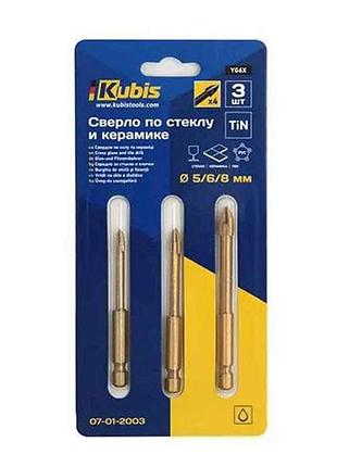 Набор сверл по стеклу и керамике 4 резца 3шт tin, yg6x d=5/6/8мм тм kubis