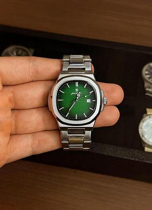 Мужские часы poedagar nautilus silver - серебристый корпус, зеленый циферблат, кварцевый механизм, металлический браслет
