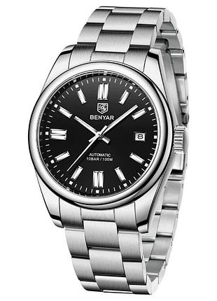 Мужские наручные часы benyar automatic 10 bar водостойкие, минеральное стекло.