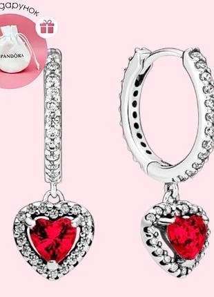 Посеребренные серьги пандора красное сердце кульчики с сердечком pandora