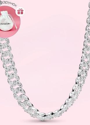 Посріблене намисто кольє пандора кубинське плетіння з паве pandora підвіска на шию з камінням ланцюжок 393161c01