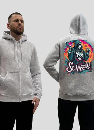 Мужской зип-худи на флисе с принтом scumzilla скелет в балахоне цветной арт, серый xxl