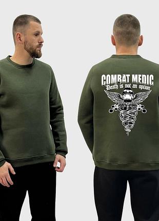 Мужской свитшот на флисе с принтом combat medic череп герб медицины, хаки xl