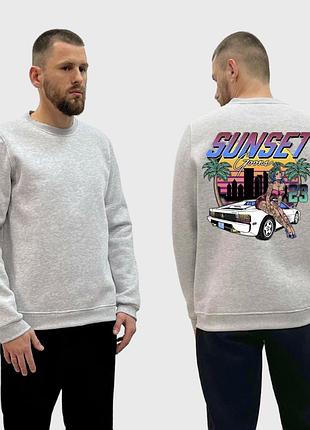 Чоловічий світшот на флісі з принтом sunset goons дівчина авто пальми, сірий
