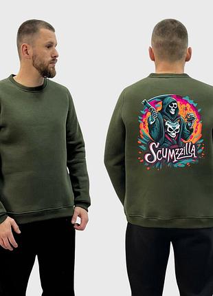 Чоловічий світшот на флісі з принтом scumzilla скелет у балахоні кольоровий арт, хакі