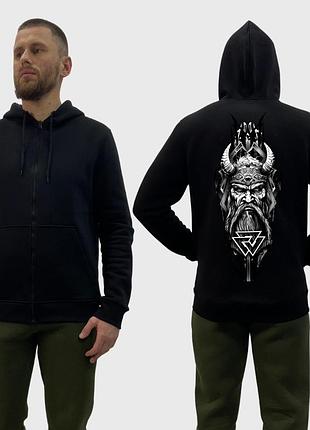 Чоловічий зіп-худі на флісі з принтом вікінг довгий арт руни, чорний