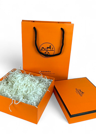 Комплект подарунковий пакет hermes і коробка hermes, розмір 145х145 мм, помаранчевий колір, стильний набір для подарунків