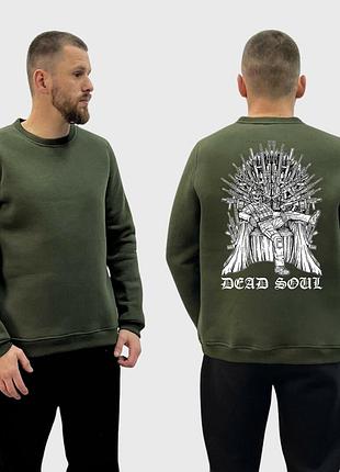 Чоловічий світшот на флісі з принтом dead soul мертва душа скелет на залізному троні, хакі