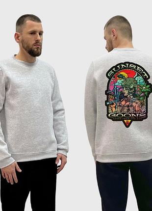 Мужской свитшот на флисе с принтом sunset goons девушки поджигают пальмы вертолет, серый l