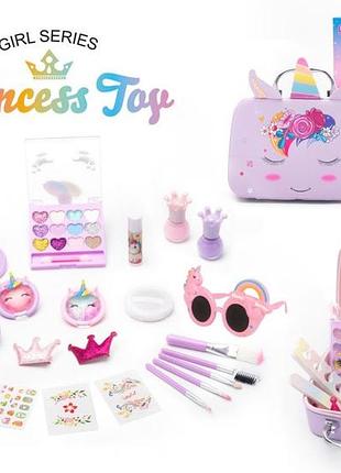 Набір дитячої косметики princess toy 25 предметів у валізі з сідіорогом фіолетовий