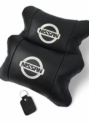 Подушки в авто 2 шт nissan, натуральная кожа, с логотипом ниссан, на подголовник для вашей машины