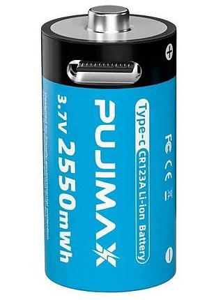 Аккумулятор pujimax cr123a (cr123, 16340) с зарядкой type-c, blue