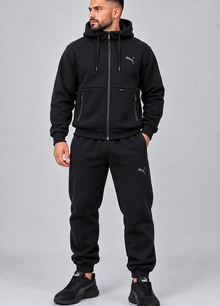 Чоловічий зимовий спортивний костюм puma чорний теплий тринитка на флісі
