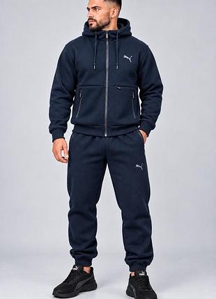 Чоловічий зимовий спортивний костюм puma темно синій  теплий тринитка на флісі