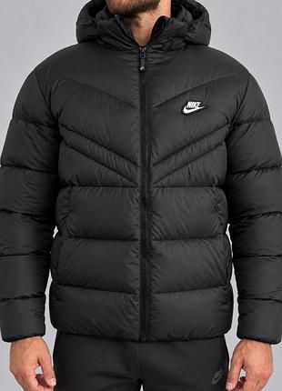 Чоловічий зимовий пуховик nike tech fleece чорний тепла куртка з капюшоном