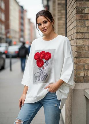 Женский свитшот oversize с вышивкой маки modna kazka mknk4567