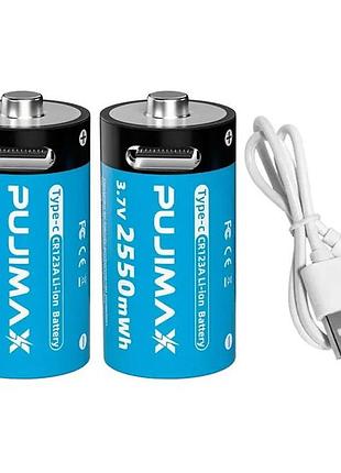 2 аккумулятора pujimax cr123a (cr123, 16340) 3.7v с type-c + двойной кабель, blue