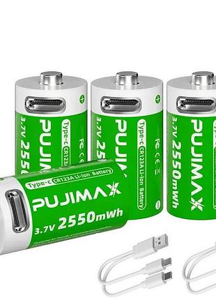 4 аккумулятора 16340/cr123a pujimax с usb type-c + 2 кейса + 2 кабеля, green