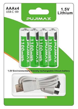 Аккумулятор aaa pujimax с usb type-c 1100mwh 1.5v li-ion (блистер 4 шт + кабель)