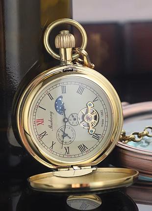 Механические карманные часы tourbillon moon phase в стиле стимпанк с цепочкой (2376)