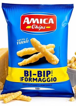 Кукурудзяні снеки amica chips зі смаком сиру bi-bip gusto formaggio, 100 г