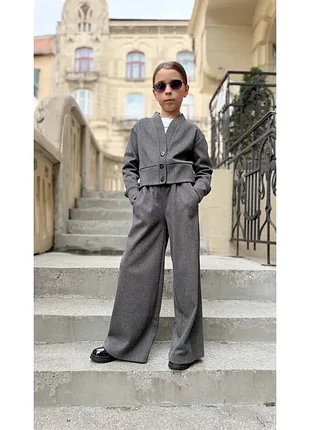🎀 теплый кашемировый костюм двойка для девочки, укороченная кофта + широкие брюки