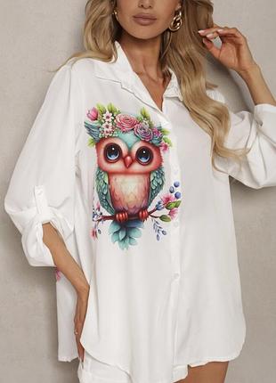 Эффектная туника-рубашка super oversize с совой, молочный цвет
