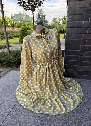 Оливкова сукня міді в горох polka dot 💚🤍