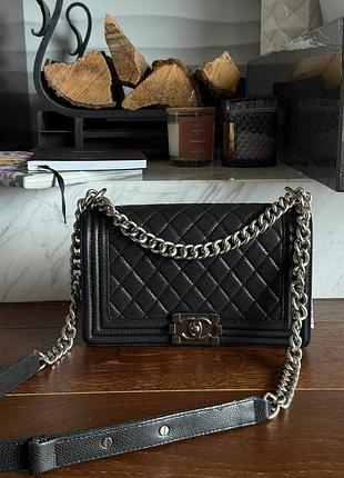 Женская сумка премиум medium boy black/silver caviar rhw 5