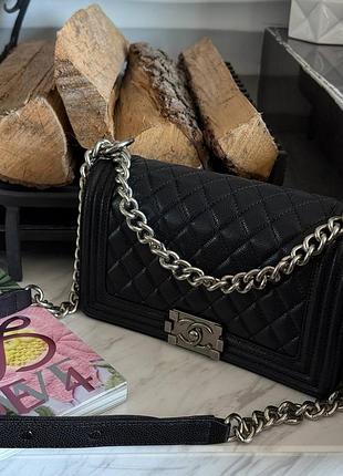 Жіноча сумка преміум medium boy black/silver caviar rhw