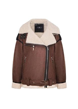 Дубленка oversize из эко-кожи женская с белым мехом, цвет коричневый s-m