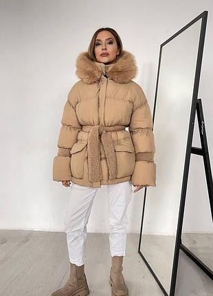 Пуховик с опушкой cresh puffer, карамель m-l