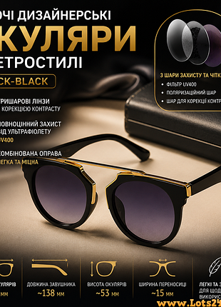 Жіночі дизайнерські сонцезахисні окуляри в ретростилі black-black
