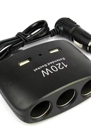 Автомобільний розгалужувач прикурювача 120w 3 гнізда 2 usb 12v/24v (2332)