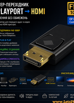 Адаптер перехідник displayport hdmi fullhd 1080p male female переходник dp hdmi конвертер для монітора телевізора ноутбука пк