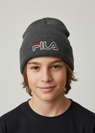 Спортивная шапка-бини fila оригинал / серая осенняя шапка фила 100% акрил, унисекс