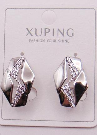 Сережки медичний сплав із фіанітами родій 18х12 мм xuping 52263