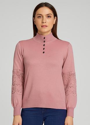 Свитер с ажурными рукавами шерсть yana 2377 one size пудровый