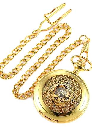 Бесшумные механические карманные часы skeleton classic, золотистый, на цепочке (2379)
