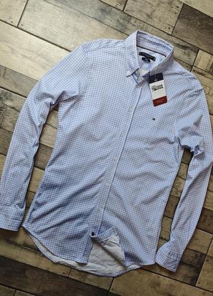Мужская повседневная хлопковая рубашка tommy hilfiger в мелкоклеточный узор размер 40 (м)