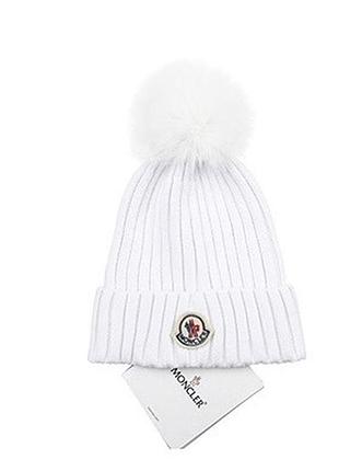Шапка біла в'язана жіноча чоловіча moncler монклер із помпоном унісекс зимова люкс-якість