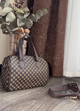 Сумка boston жіноча міні на блискавці коричнева в клітинку 👜