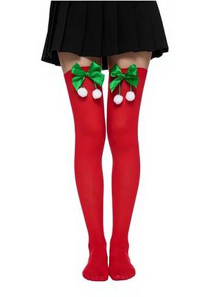 Рождественские новогодние женские гольфы цветные с помпоном красный one size 80 den
