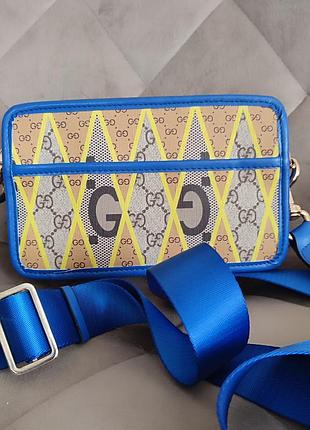 Синя бежева міні-сумка через плече з ромбами  gg gucci